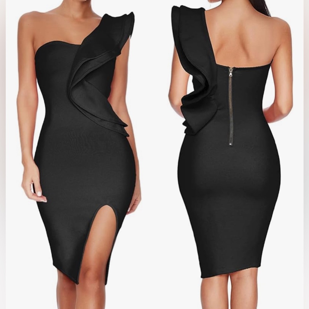 Black one shoulder ruffle dress
